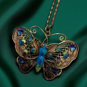 Vintage Art Deco Chinese 800 Silver & Painted Enamel Ornate Butterly Necklace